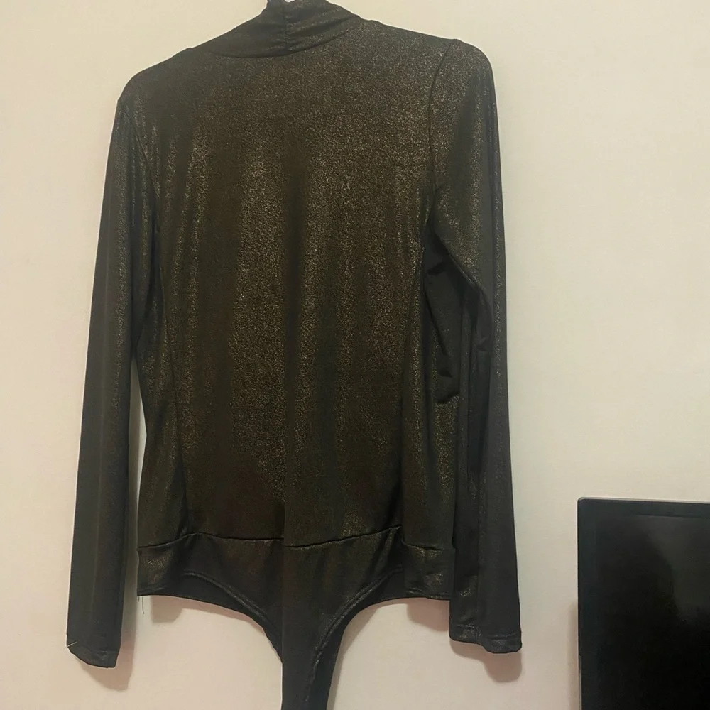 Arden B Womens Black Long Sleeve Plunging Neck Bodysuit Stretchy Size L - Picture 3 of 5